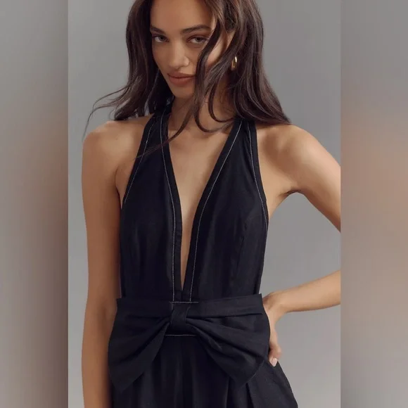 NWT! Anthropologie Maeve Linen Halter Bow Jumpsuit - 14 TALL 🏠